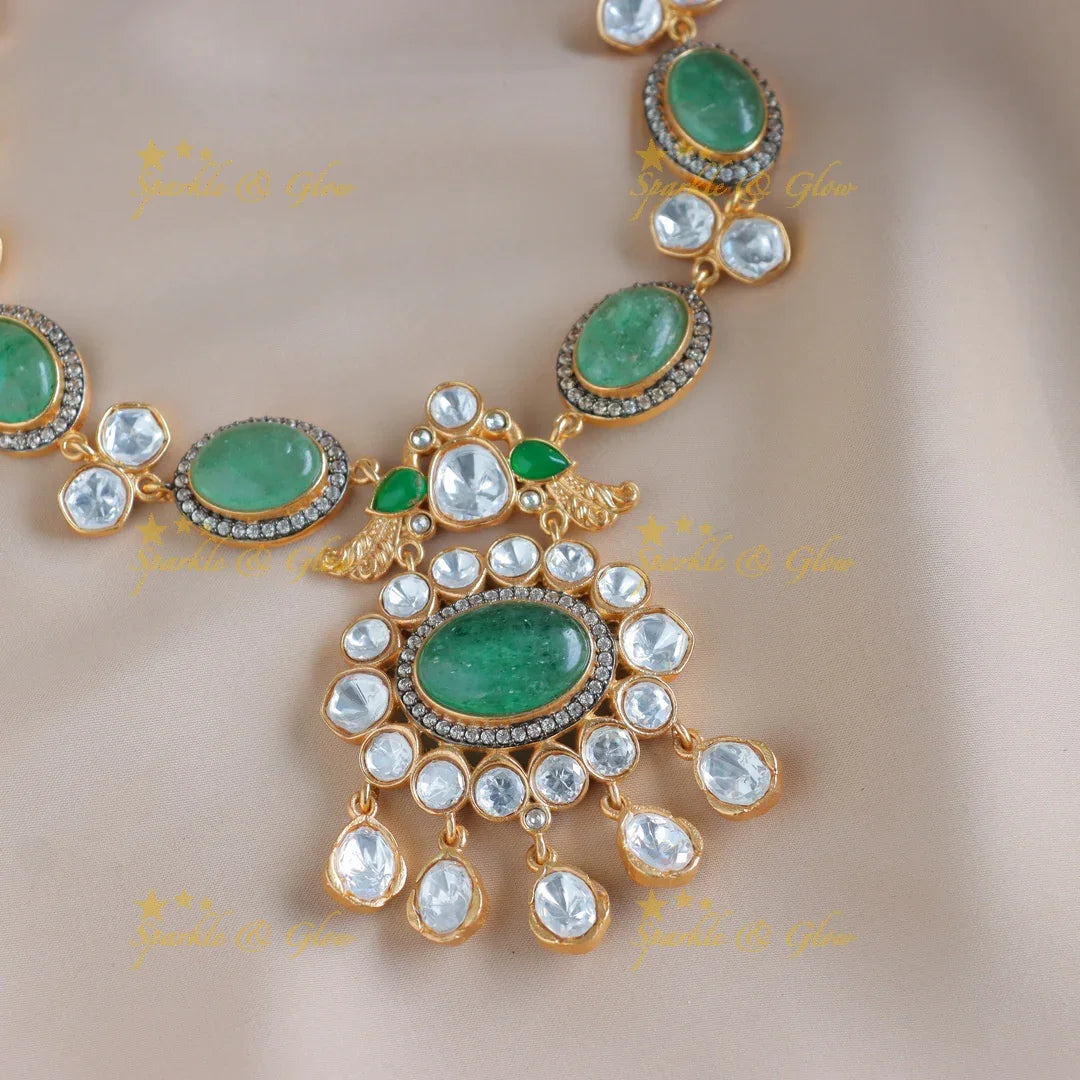 Gorgeous peacock with pendant jadau fusion with natural stones necklace - Mint Green - Sparkle and Glow