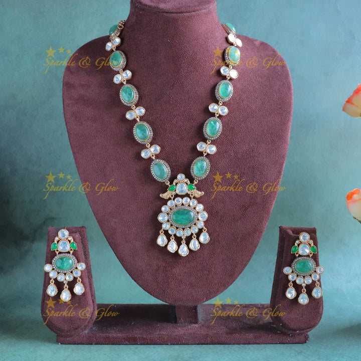 Gorgeous peacock with pendant jadau fusion with natural stones necklace - Mint Green - Sparkle and Glow