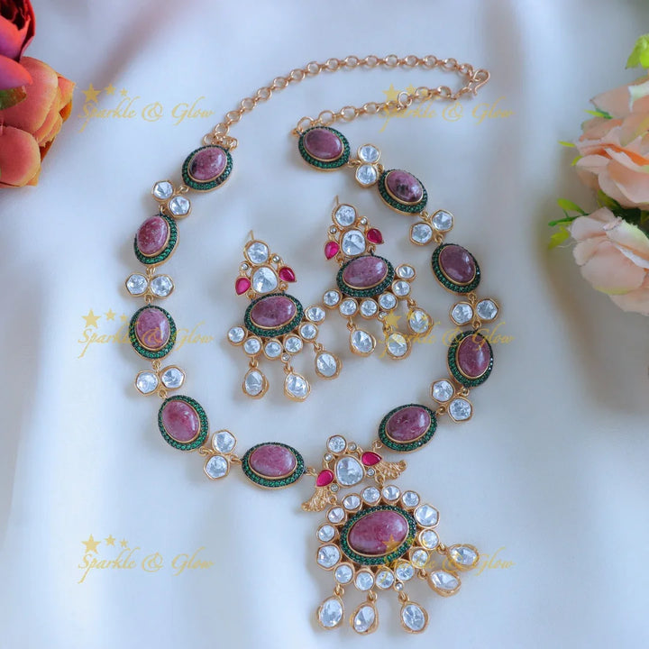 Gorgeous peacock with pendant jadau fusion with natural stones necklace - Mint Green - Sparkle and Glow