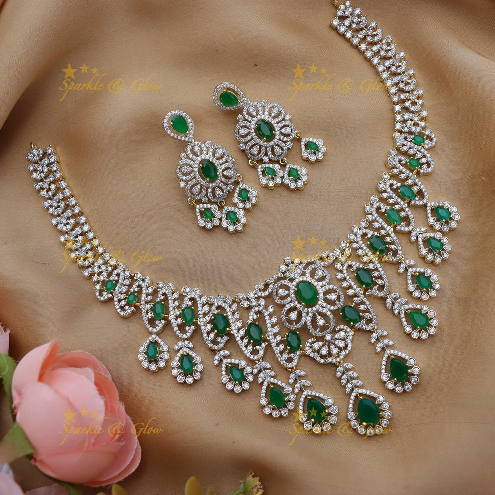 Stunning Waterdrop Floral design American diamond short necklace - Sparkle and Glow - Back Thread - 