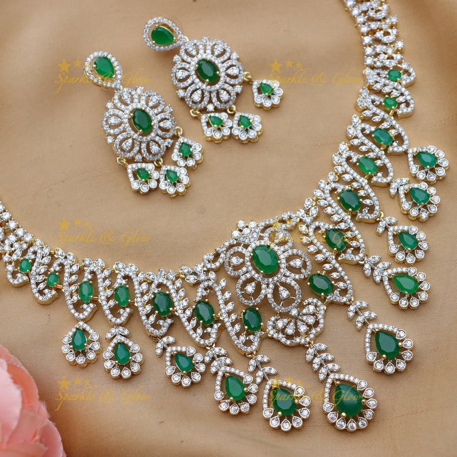 Stunning Waterdrop Floral design American diamond short necklace - Sparkle and Glow - Back Thread - 