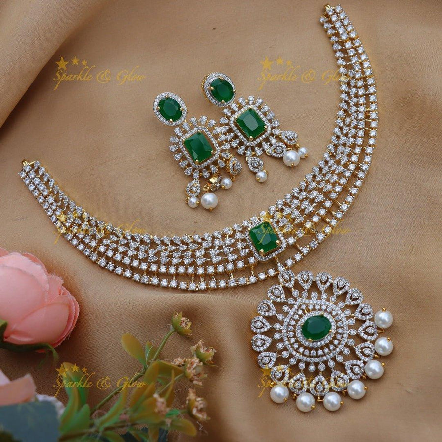 Gracious Floral pendant carved Hasli design American diamond short necklace - Sparkle and Glow
