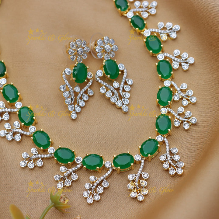 Stunning Oval stone Leaf design American diamond short necklace-Green