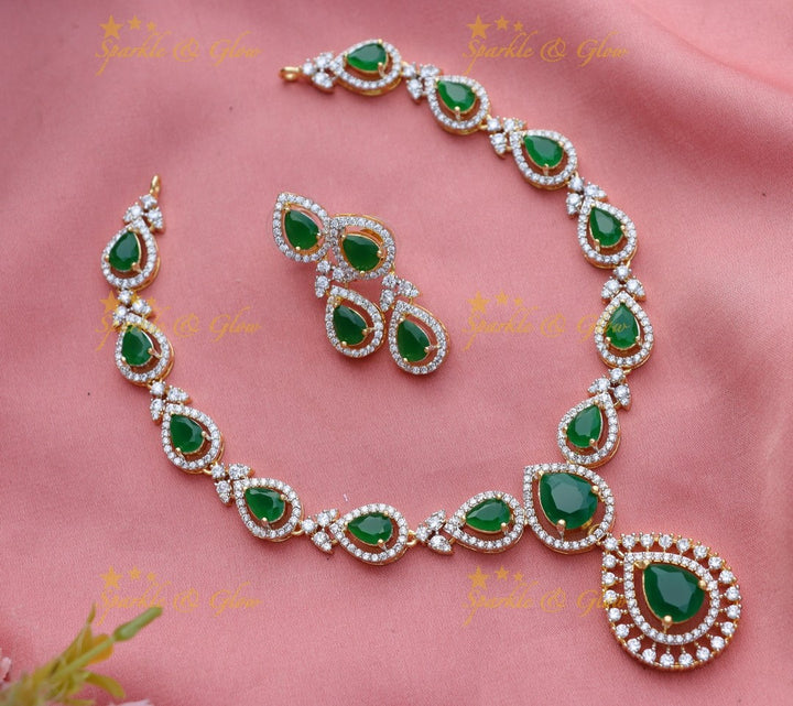Gracious Diamond Floral AD short necklace with Ruby stones-Green