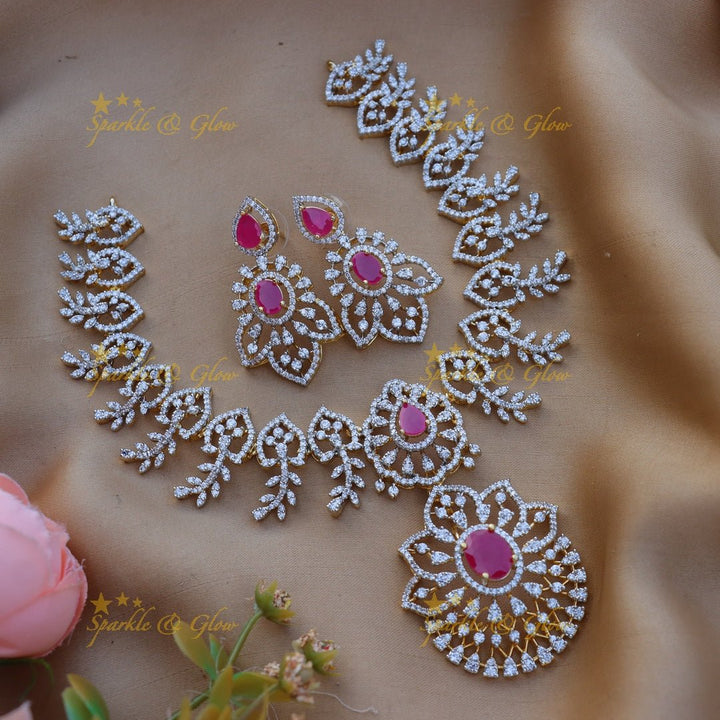 Stunning Floral Leaf design American diamond short necklace - Ruby - Sparkle and Glow - 