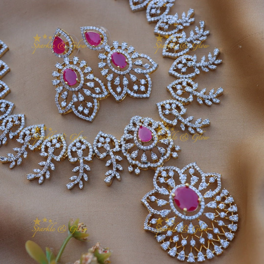 Stunning Floral Leaf design American diamond short necklace - Ruby - Sparkle and Glow - 