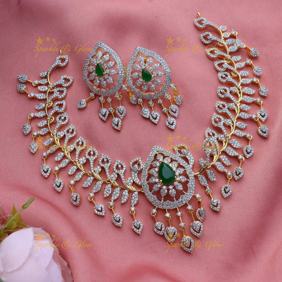 Elegant Leaf Floral carved American diamond short necklace with Leaf hanging - Green - Sparkle and Glow - Back Thread - 