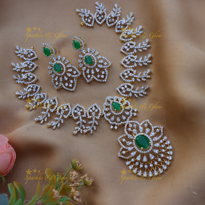 Stunning Floral Leaf design American diamond short necklace-Green