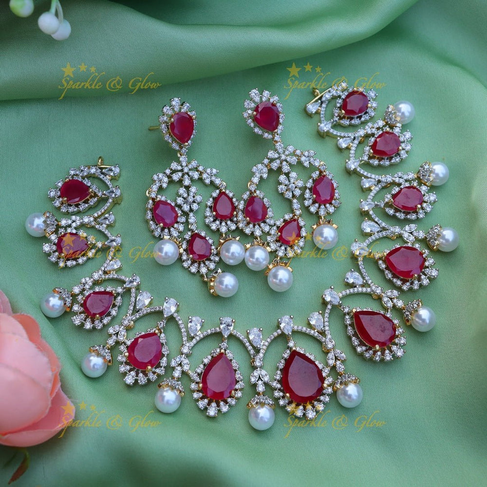 Gracious Oval stone Floral design carved American diamond short necklace - Ruby - Sparkle and Glow - 