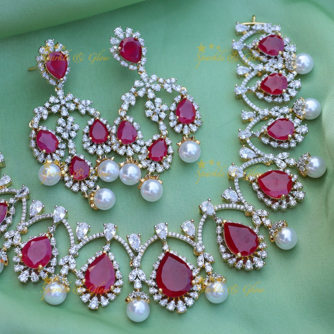 Gracious Oval stone Floral design carved American diamond short necklace - Ruby - Sparkle and Glow - 