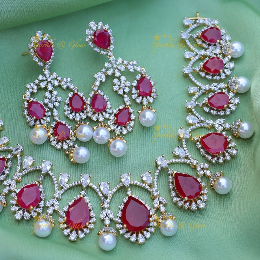 Gracious Oval stone Floral design carved American diamond short necklace - Ruby - Sparkle and Glow - 