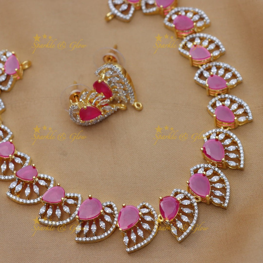 Stunning Princess cut design American diamond short necklace - Ruby - Sparkle and Glow - 