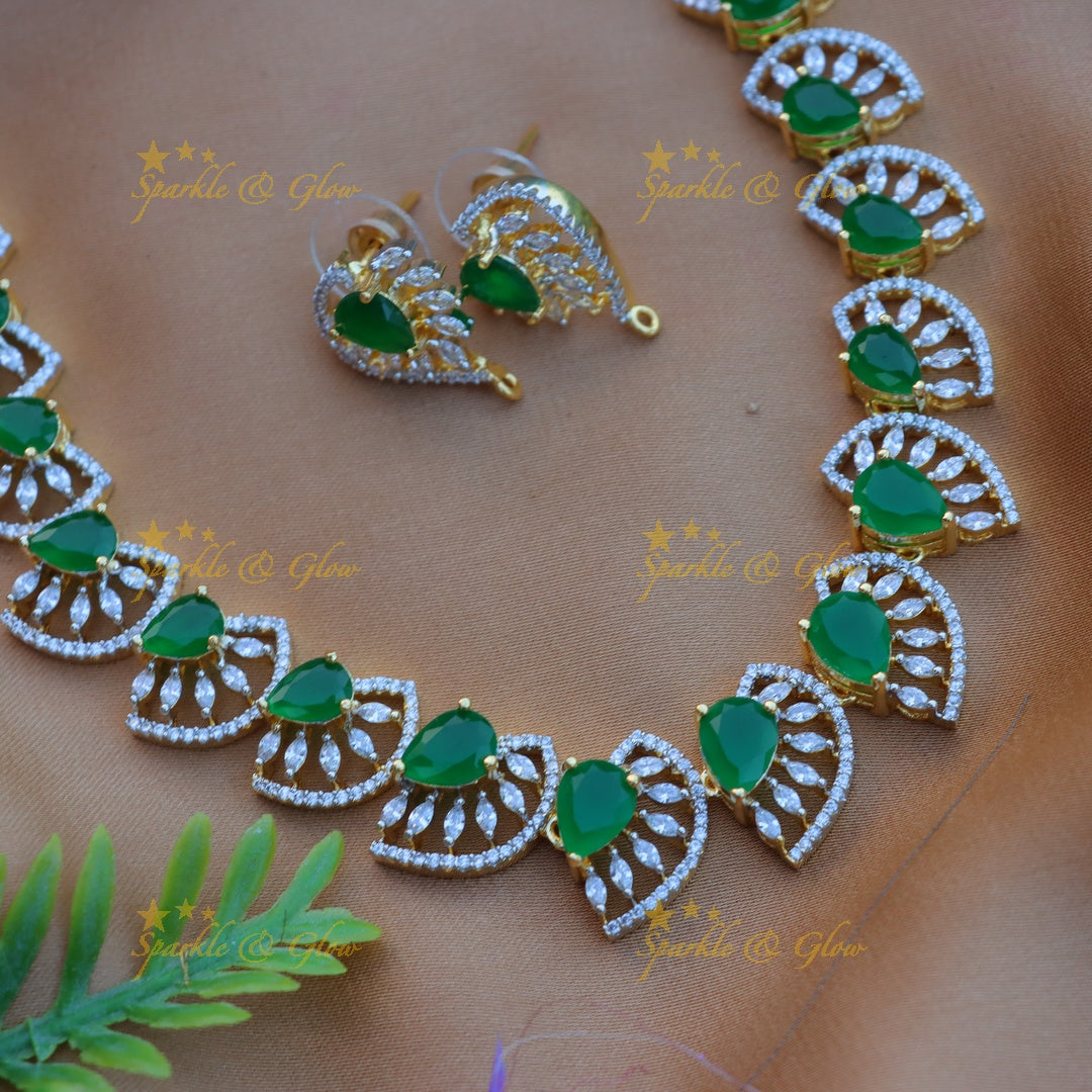 Stunning Princess cut design American diamond short necklace-Green