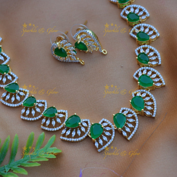 Stunning Princess cut design American diamond short necklace-Green