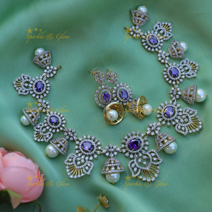 Gracious Floral Mango design American diamond short necklace - Purple - Sparkle and Glow - 