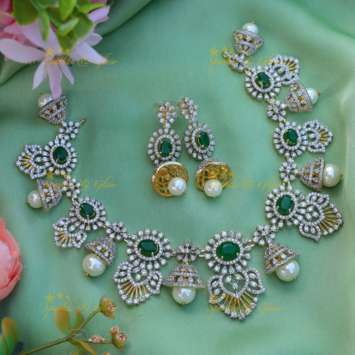 Gracious Floral Mango design American diamond short necklace-Green