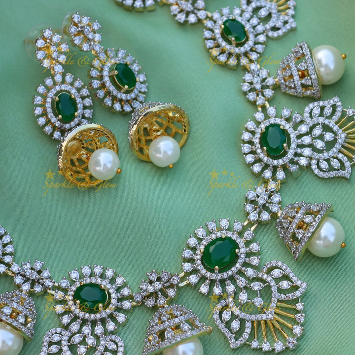 Gracious Floral Mango design American diamond short necklace-Green