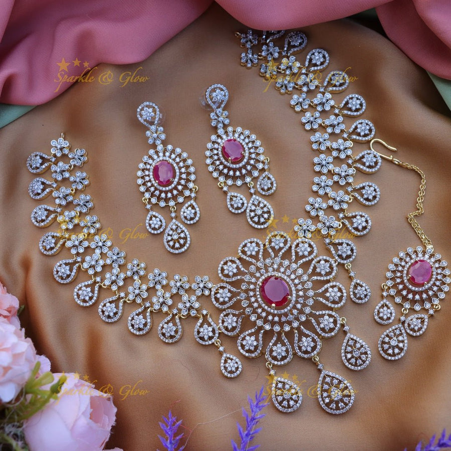 Grand Floral pendant carved American diamond short necklace with waterdrop hanging - Ruby - Sparkle and Glow - 