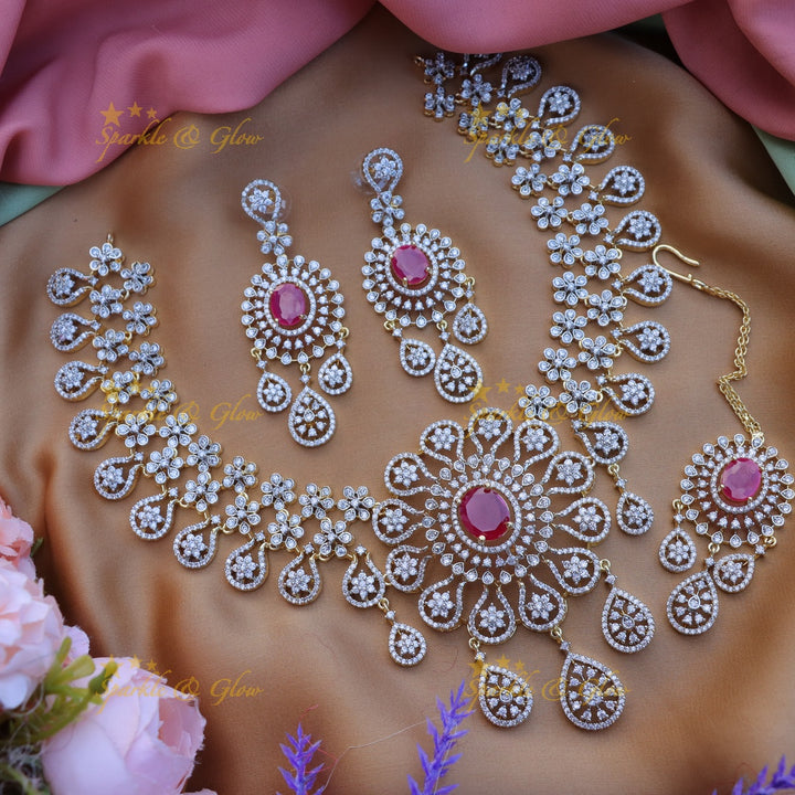 Sparkling Floral American Diamond Short necklace with tikka