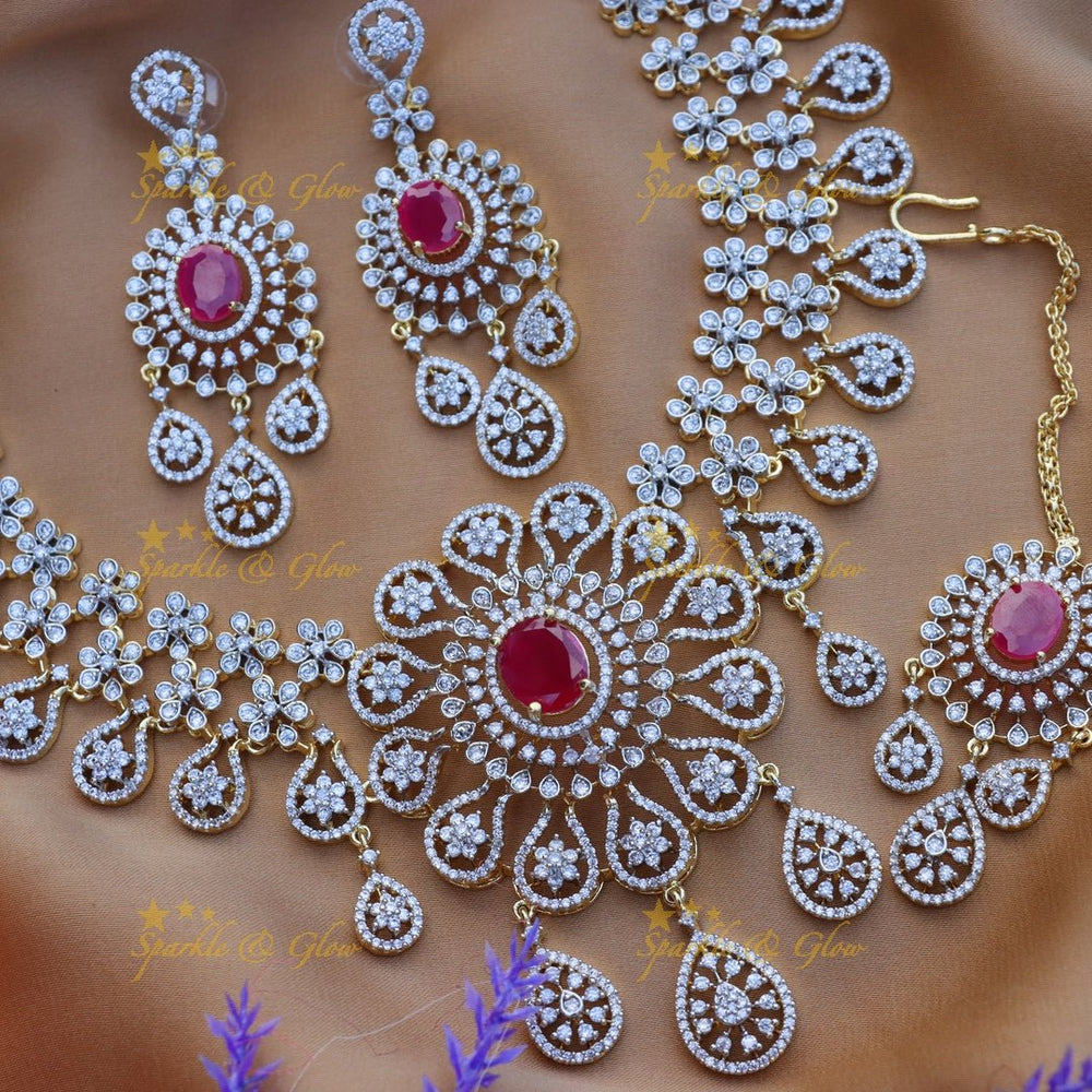 Grand Floral pendant carved American diamond short necklace with waterdrop hanging - Ruby - Sparkle and Glow - 