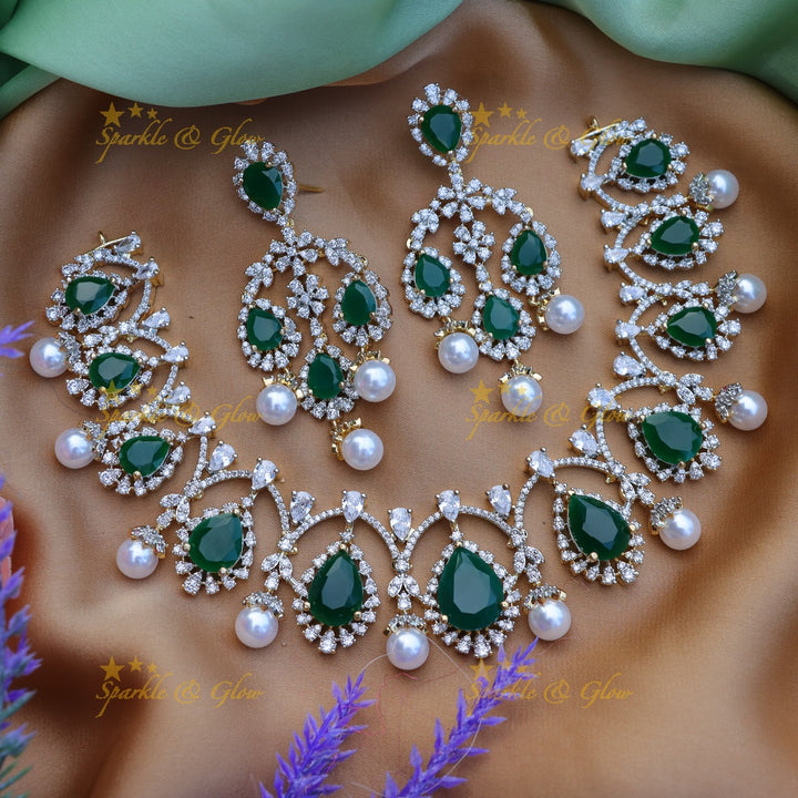 Gracious Oval stone Floral design carved American diamond short necklace-Green