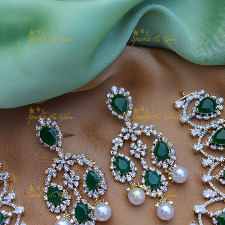 Gracious Oval stone Floral design carved American diamond short necklace-Green