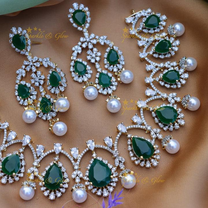 Gracious Oval stone Floral design carved American diamond short necklace-Green