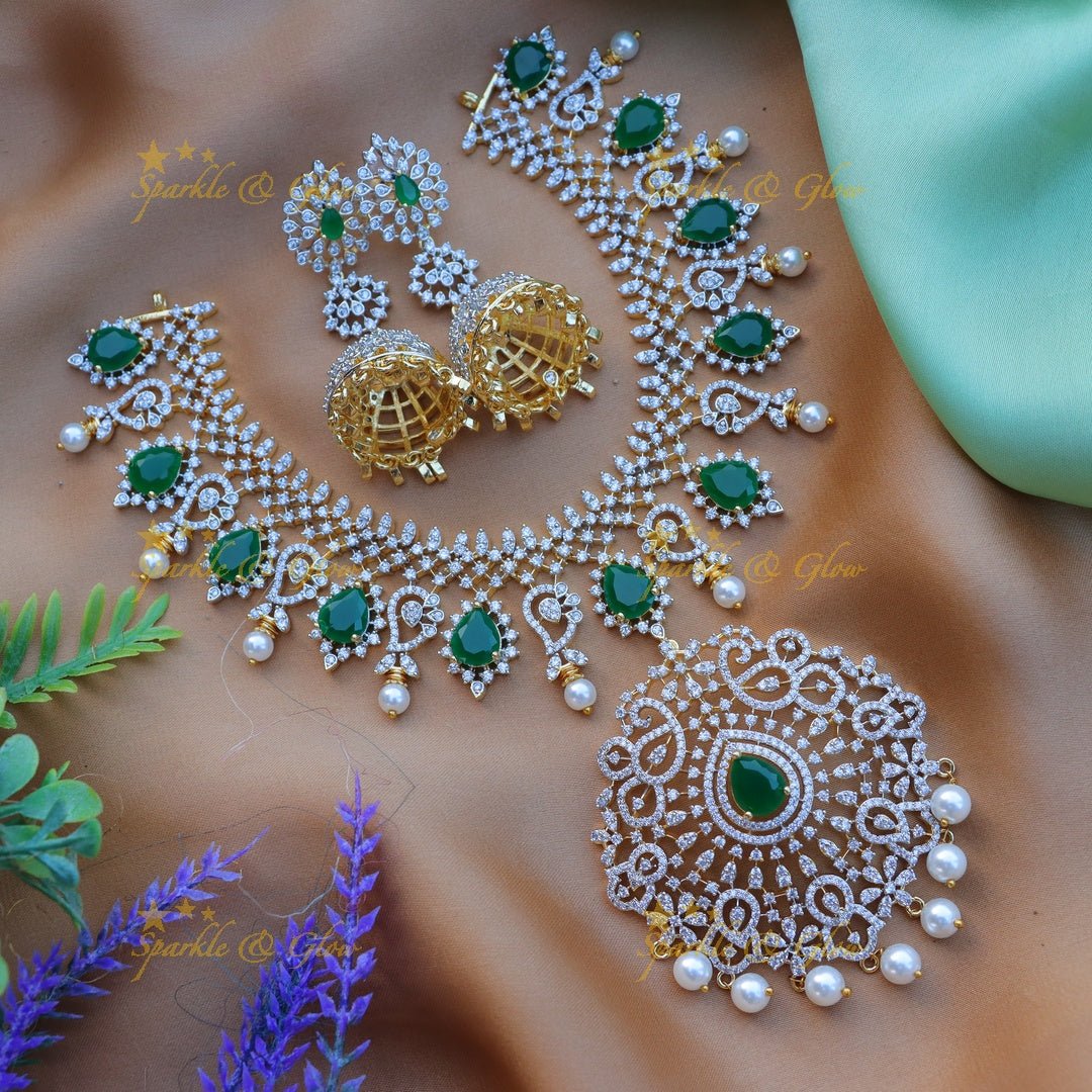 Stunning Floral Mango design carved American diamond short necklace - Green - Sparkle and Glow - 