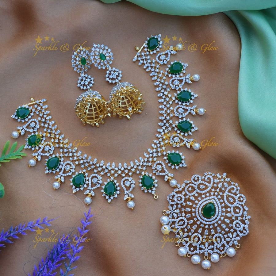 Stunning Floral Mango design carved American diamond short necklace - Green - Sparkle and Glow - 