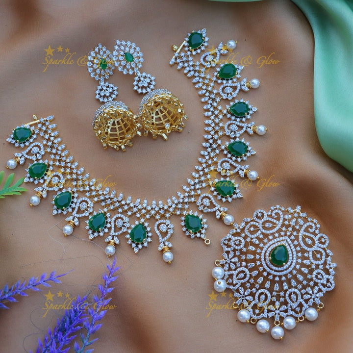 Stunning Floral Mango design carved American diamond short necklace - Green - Sparkle and Glow - 