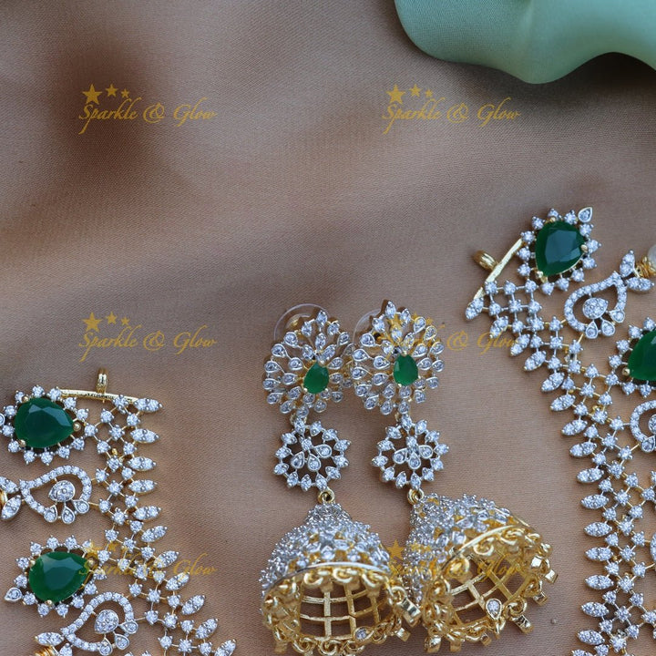 Stunning Floral Mango design carved American diamond short necklace - Green - Sparkle and Glow - 