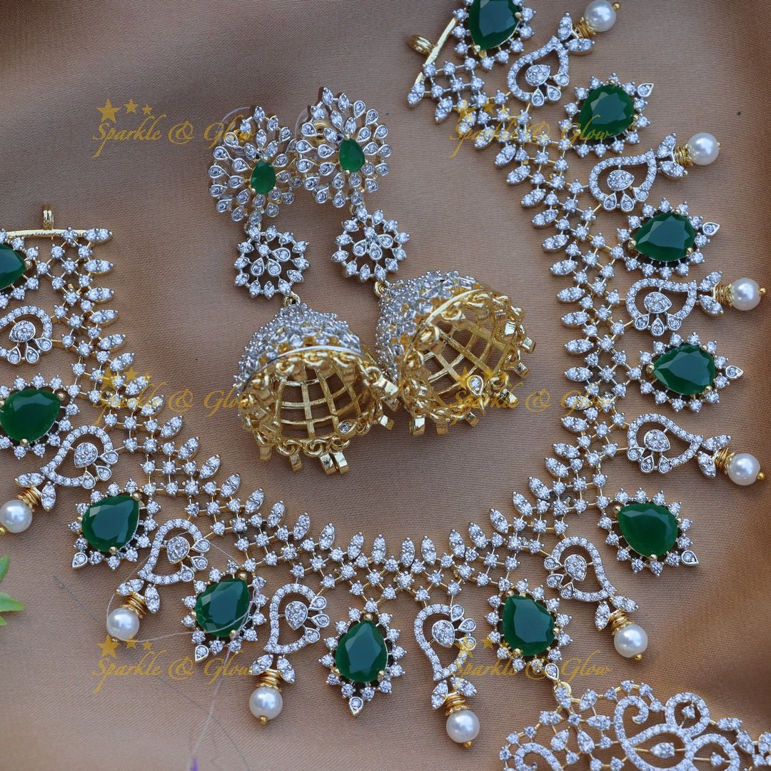 Stunning Floral Mango design carved American diamond short necklace - Green - Sparkle and Glow - 