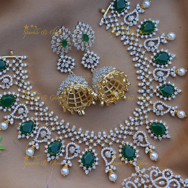 Stunning Floral Mango design carved American diamond short necklace - Green - Sparkle and Glow - 