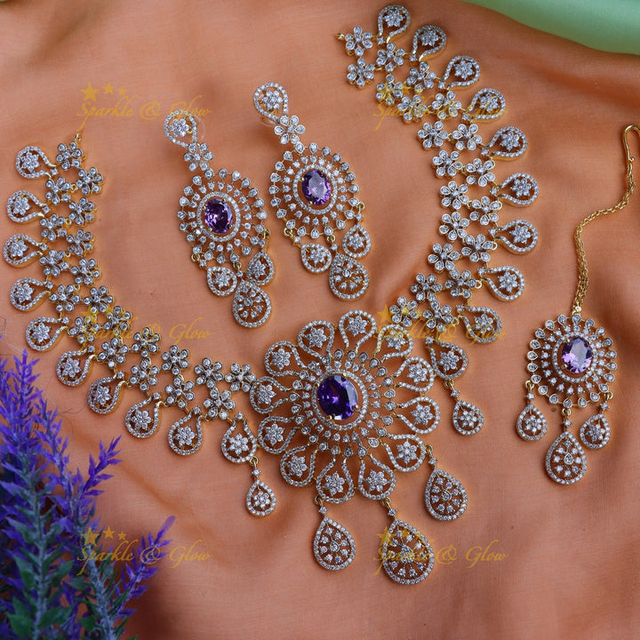 Sparkling Floral American Diamond Short necklace with tikka