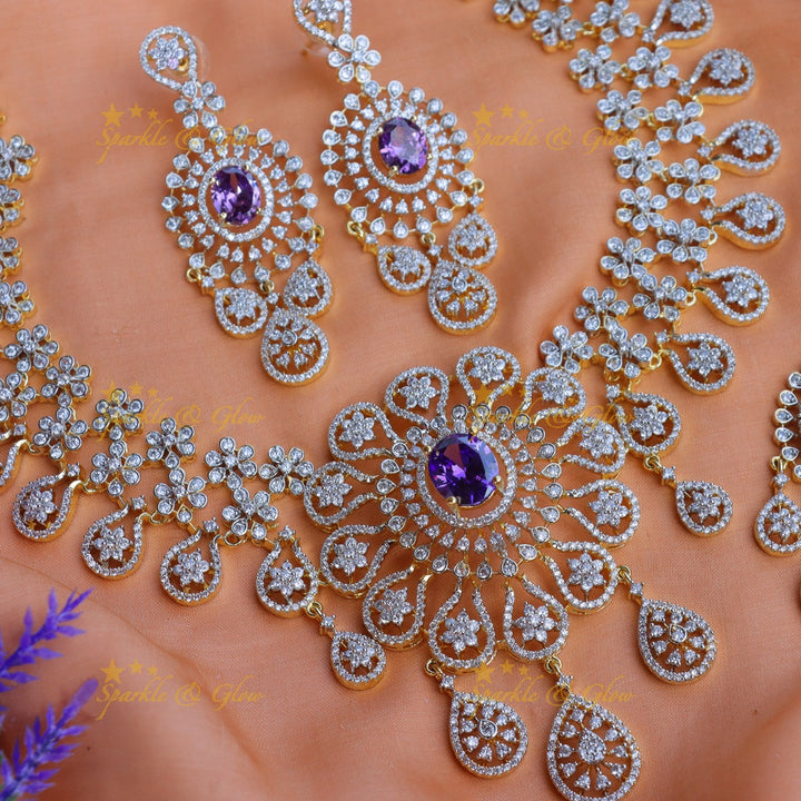 Sparkling Floral American Diamond Short necklace with tikka