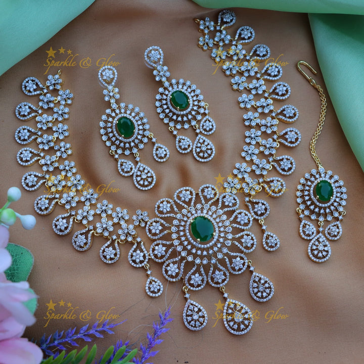 Sparkling Floral American Diamond Short necklace with tikka