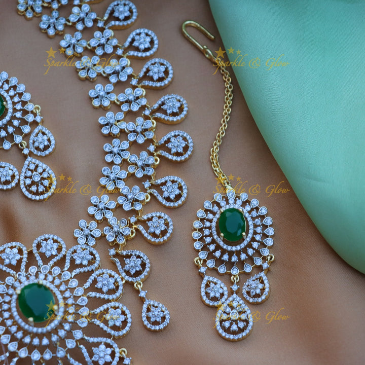 Grand Floral pendant carved American diamond short necklace with waterdrop hanging-Green