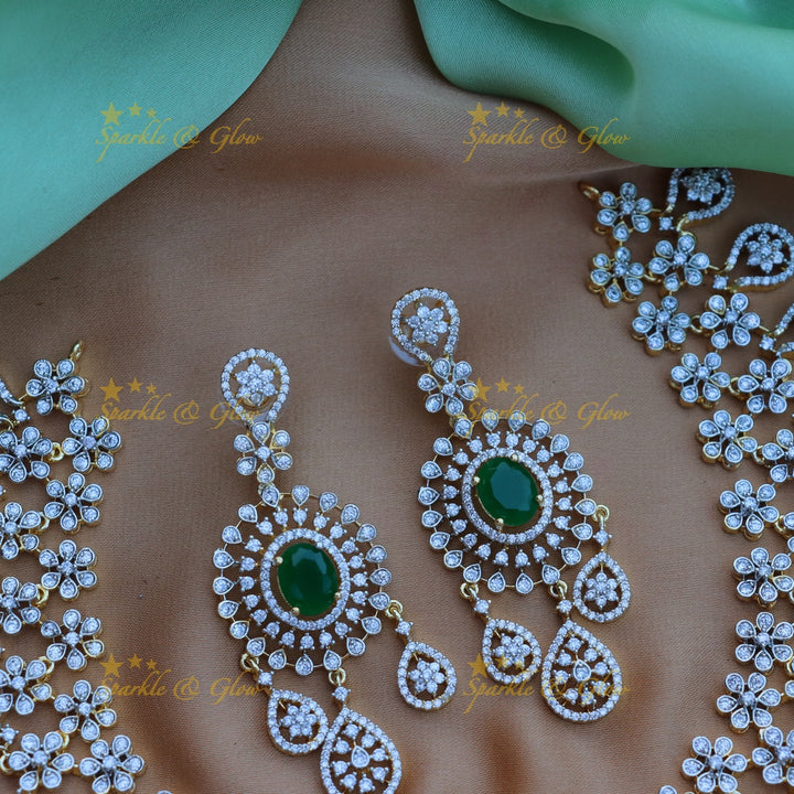 Grand Floral pendant carved American diamond short necklace with waterdrop hanging-Green