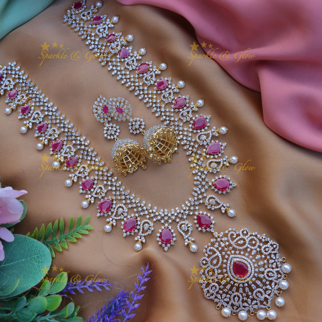 Stunning Floral Mango design carved American diamond Haram-Ruby