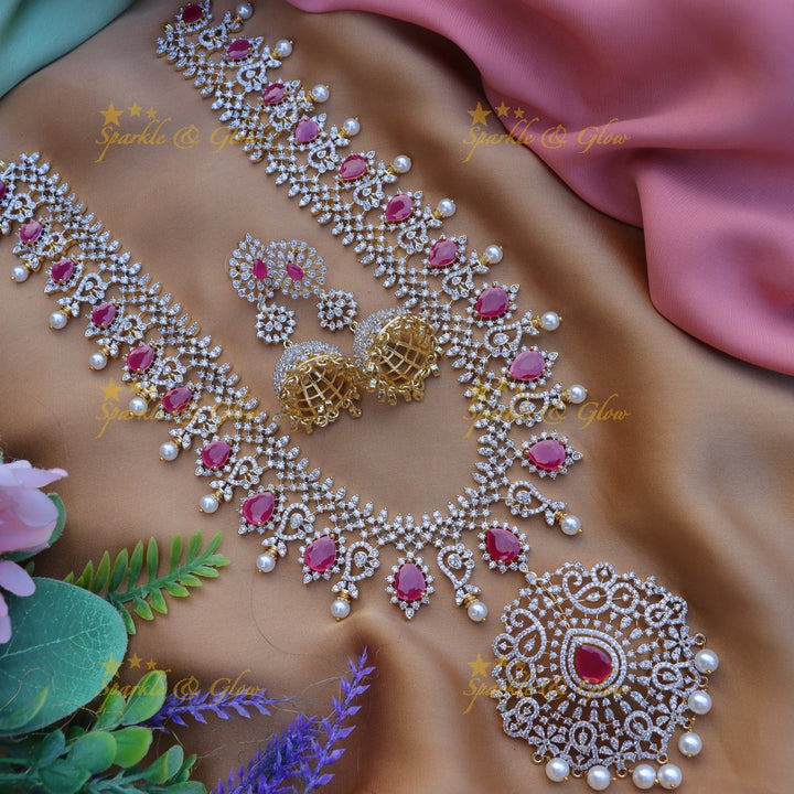 Stunning Floral Mango design carved American diamond Haram-Ruby