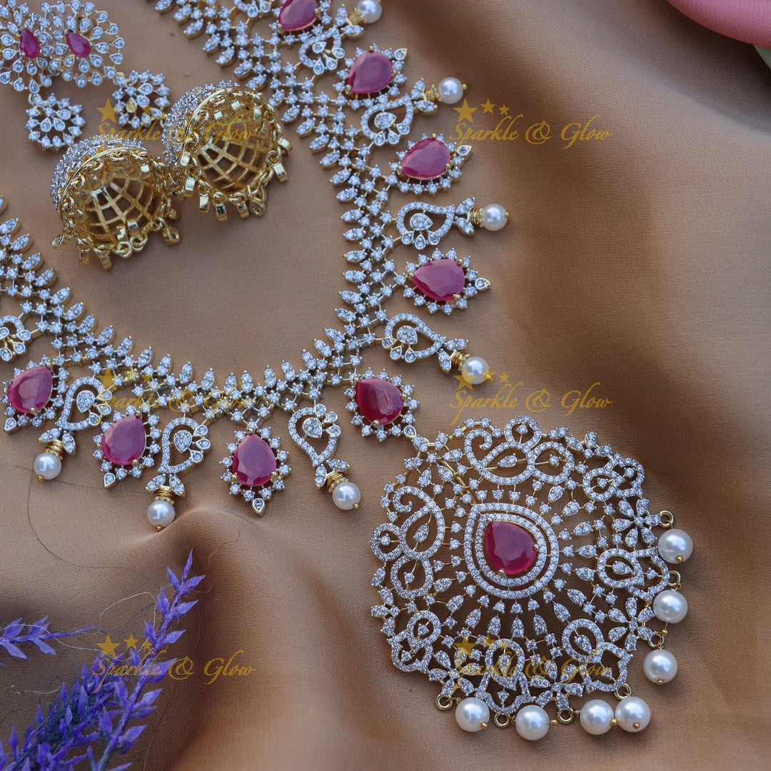 Stunning Floral Mango design carved American diamond Haram-Ruby