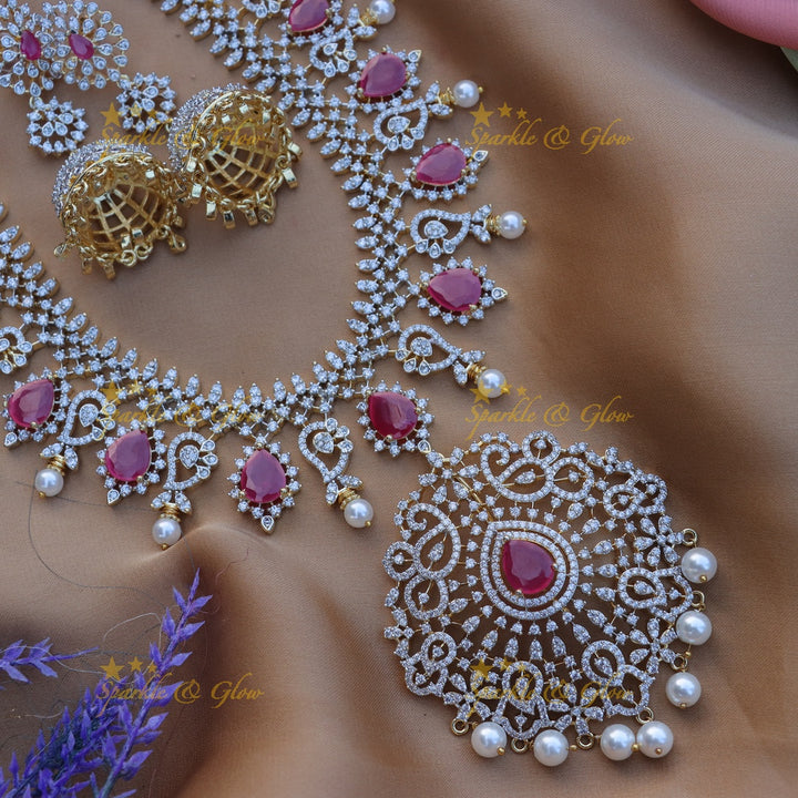 Stunning Floral Mango design carved American diamond Haram-Ruby