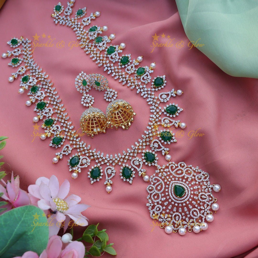 Stunning Mango design AD long necklace Green - Sparkle and Glow - 