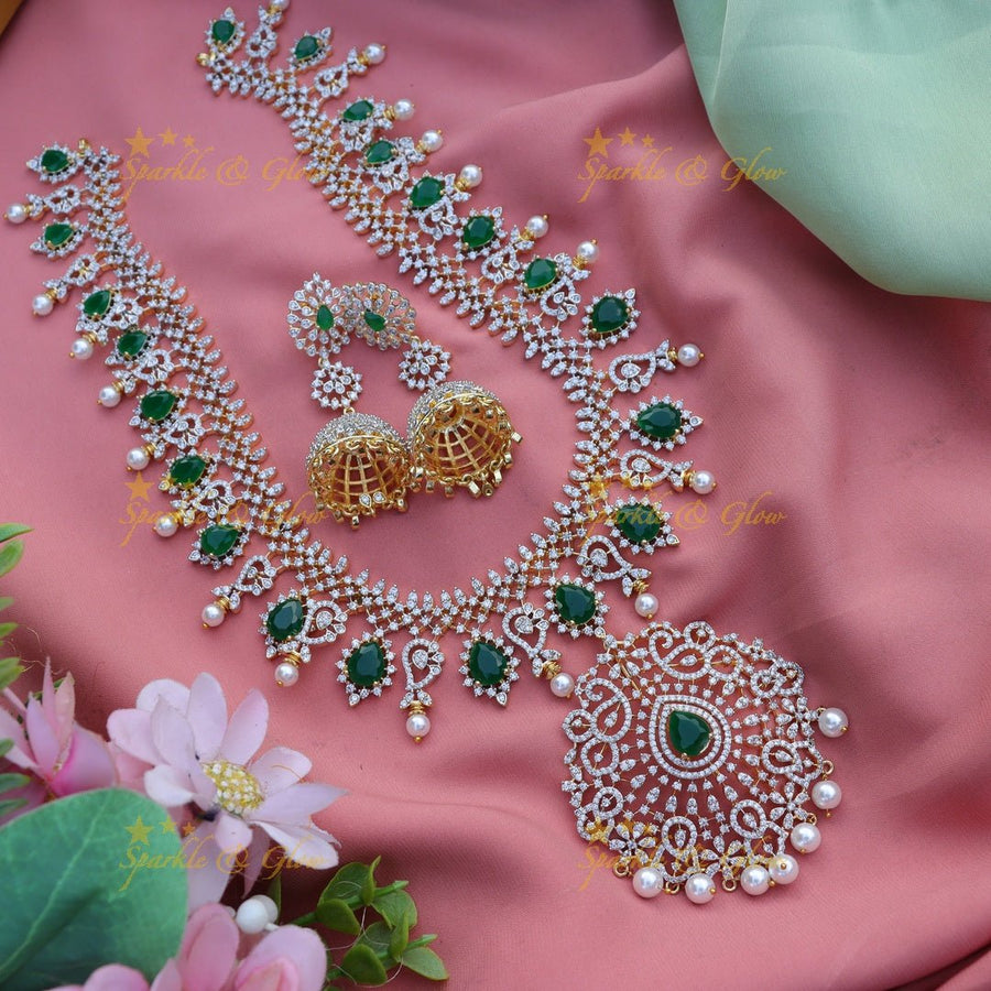 Stunning Mango design AD long necklace Green - Sparkle and Glow - 