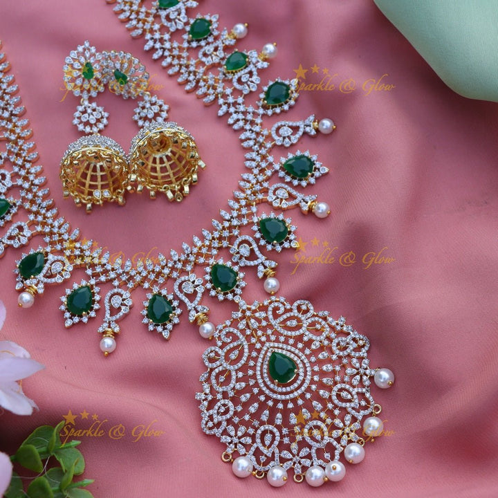 Stunning Mango design AD long necklace Green - Sparkle and Glow - 