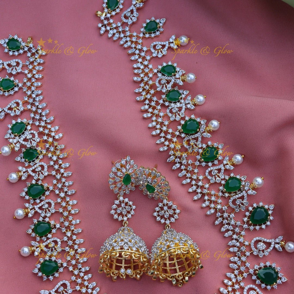 Stunning Mango design AD long necklace Green - Sparkle and Glow - 