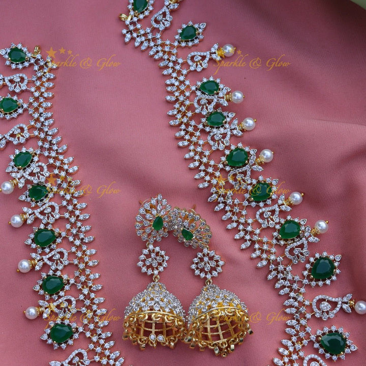 Stunning Mango design AD long necklace Green - Sparkle and Glow - 