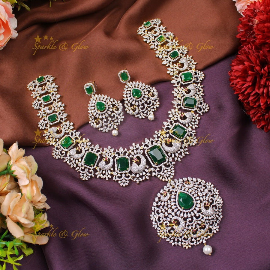 Beautiful peacock design AD short necklace - Green - Sparkle and Glow - 