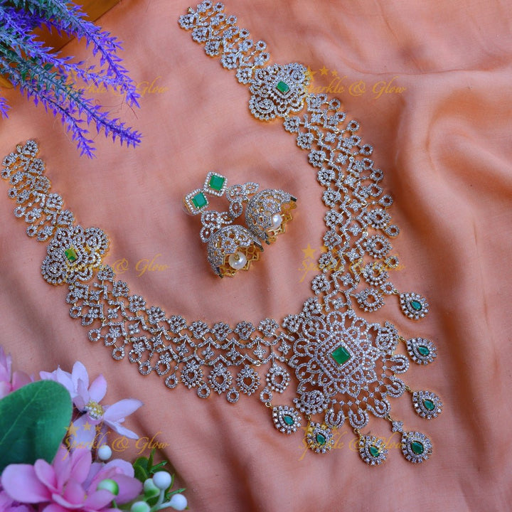 Pretty floral and leaf design long AD necklace - Green - Sparkle and Glow - 