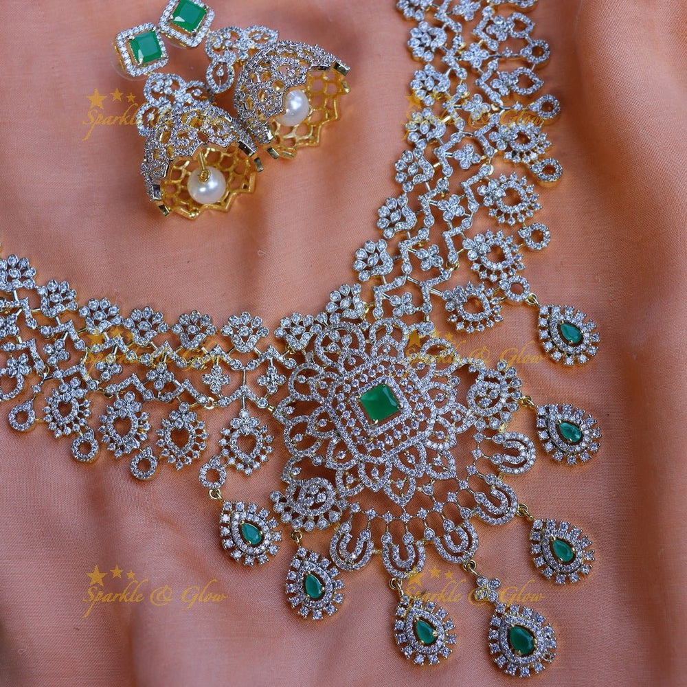 Pretty floral and leaf design long AD necklace - Green - Sparkle and Glow - 